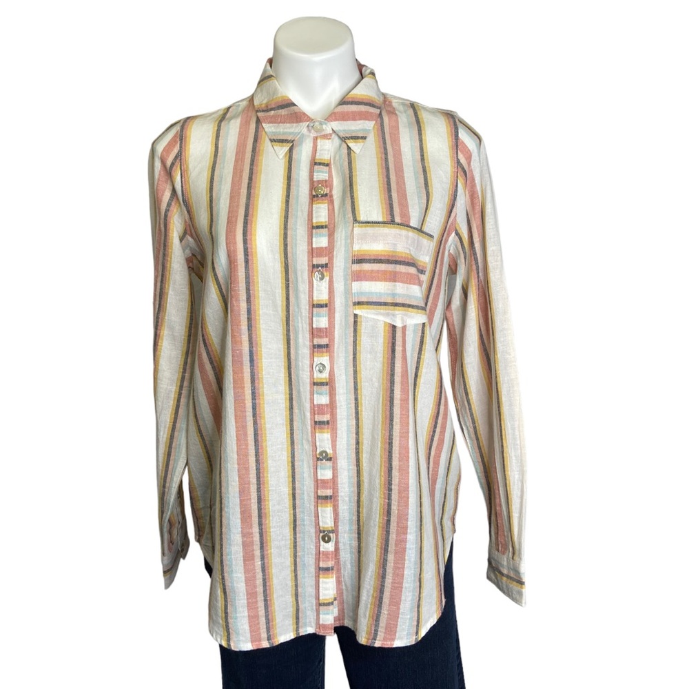 FAHERTY Del Mar Joan Stripe Linen Blend Striped Button Down Shirt Small